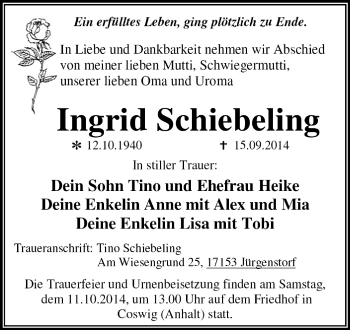 Traueranzeige von Ingrid Schiebeling von Super Sonntag Dessau / Köthen