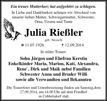Traueranzeige von Julia Rießler von Super Sonntag Dessau / Köthen