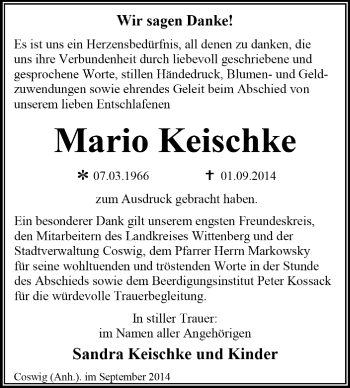 Traueranzeige von Mario Keischke von Super Sonntag Dessau / Köthen