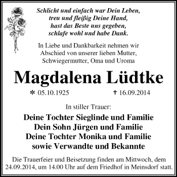 Traueranzeige von Magdalena Lüdtke von Super Sonntag Dessau / Köthen