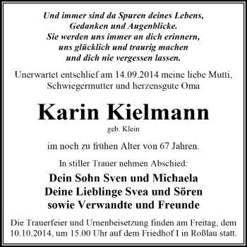 Traueranzeige von Karin Kielmann von Super Sonntag Dessau / Köthen