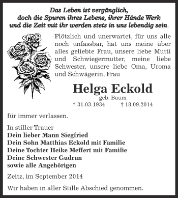 Traueranzeige von Helga Eckold von Super Sonntag Zeitz