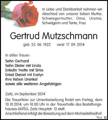 Traueranzeige von Gertrud Mutzschmann von Super Sonntag Zeitz
