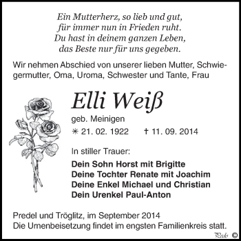 Traueranzeige von Elli Weiß von Super Sonntag Zeitz