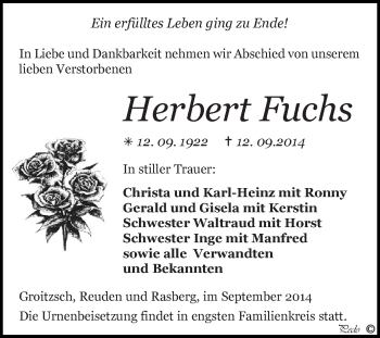 Traueranzeige von Herbert Fuchs von Super Sonntag Zeitz