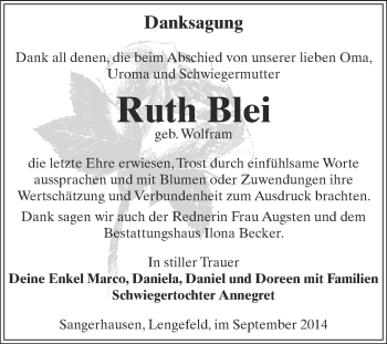 Traueranzeige von Ruth Blei von Super Sonntag SGH Mansf. Land