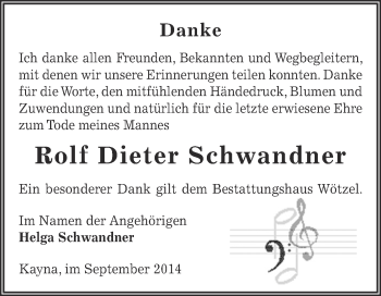 Traueranzeige von Rolf Dieter Schwandner von Super Sonntag Zeitz