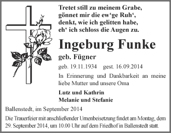 Traueranzeige von Ingeburg Funke von WVG - Wochenspiegel Quedlinburg