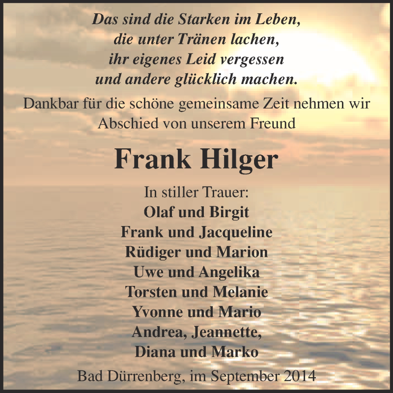  Traueranzeige für Frank Hilger vom 21.09.2014 aus Super Sonntag Merseburg