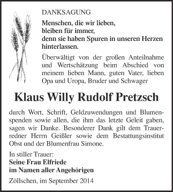 Traueranzeige von Klaus Willy Rudolf Pretzsch von Super Sonntag Merseburg