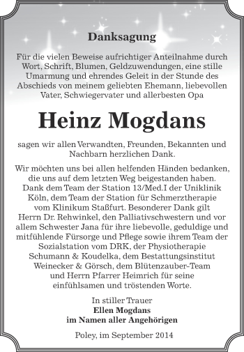 Traueranzeige von Heinz Mogdans von Super Sonntag Bernburg