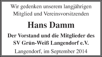 Traueranzeige von Hans Damm von WVG - Wochenspiegel NMB / WSF / ZTZ