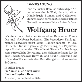 Traueranzeige von Wolfgang Heuer von Super Sonntag Bernburg