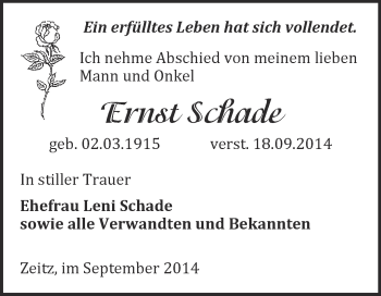 Traueranzeige von Ernst Schade von WVG - Wochenspiegel NMB / WSF / ZTZ