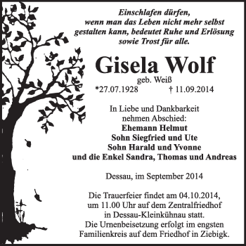 Traueranzeige von Gisela Wolf von Super Sonntag Dessau / Köthen