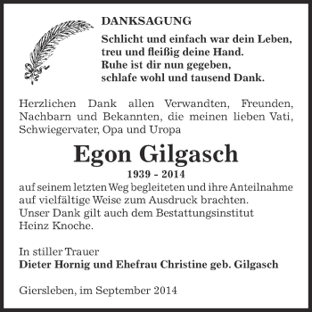 Traueranzeige von Egon Gilgasch von Super Sonntag Aschersleben