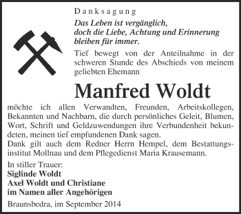 Traueranzeige von Manfred  Woldt von WVG - Wochenspiegel Merseburg