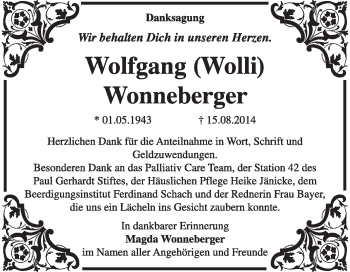 Traueranzeige von Wolfgang Wonneberger von Super Sonntag Wittenberg