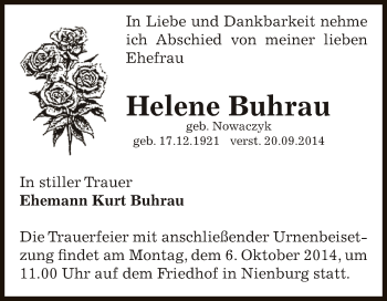 Traueranzeige von Helene Buhrau von Super Sonntag Bernburg