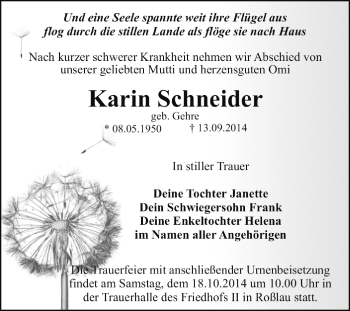 Traueranzeige von Karin Schneider von Super Sonntag Dessau / Köthen