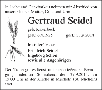 Traueranzeige von Gertraud Seidel von Super Sonntag Merseburg