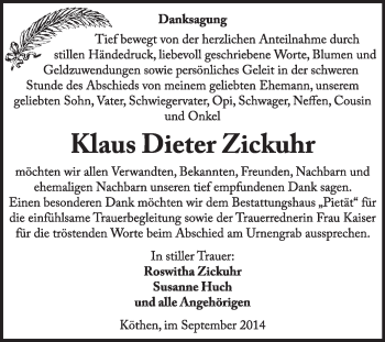 Traueranzeige von Klaus Dieter Zickuhr von Super Sonntag Dessau / Köthen