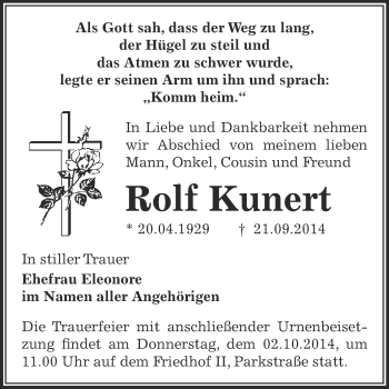 Traueranzeige von Rolf Kunert von Super Sonntag Bernburg