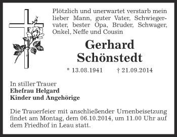 Traueranzeige von Gerhard Schönstedt von Super Sonntag Bernburg