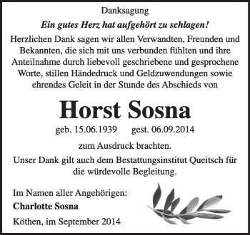 Traueranzeige von Horst Sosna von Super Sonntag Dessau / Köthen