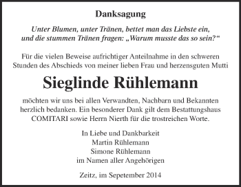 Traueranzeige von Sieglinde  Rühlemann von Super Sonntag Zeitz