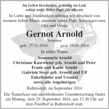Traueranzeige von Gernot Arnold von WVG - Wochenspiegel Quedlinburg