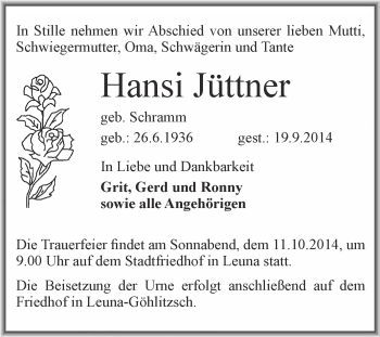 Traueranzeige von Hansi Jüttner von Super Sonntag Merseburg