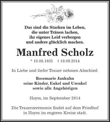 Traueranzeige von Manfred Scholz von Super Sonntag Aschersleben