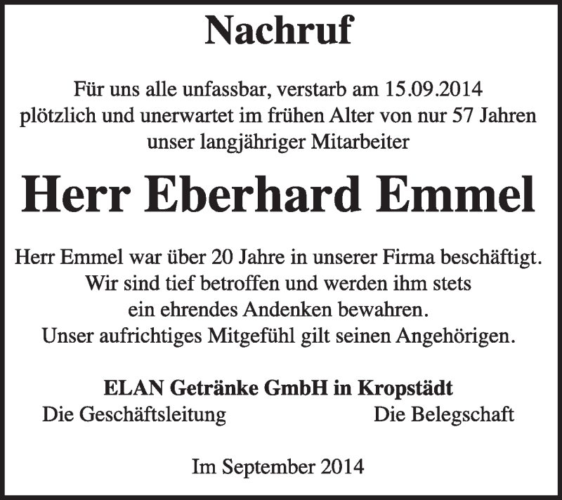  Traueranzeige für Eberhard Emmel vom 28.09.2014 aus Super Sonntag Wittenberg