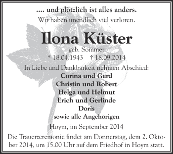 Traueranzeige von lona Küster von Super Sonntag Aschersleben