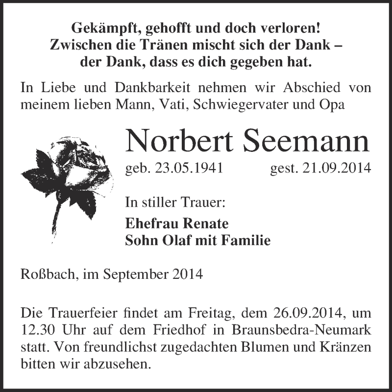  Traueranzeige für Norbert Seemann vom 24.09.2014 aus WVG - Wochenspiegel Merseburg