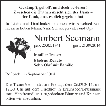 Traueranzeige von Norbert Seemann von WVG - Wochenspiegel Merseburg