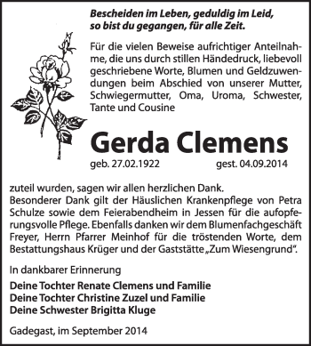 Traueranzeige von Gerda Clemens von WVG - Wochenspiegel Wittenberg