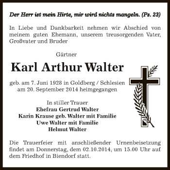 Traueranzeige von Karl Arthur Walter von Super Sonntag Bernburg