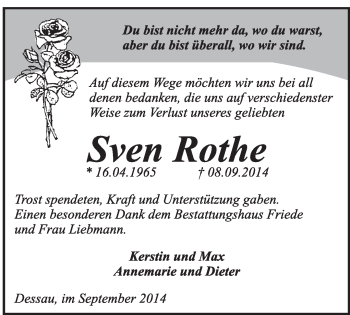 Traueranzeige von Sven Rothe von Super Sonntag Dessau / Köthen