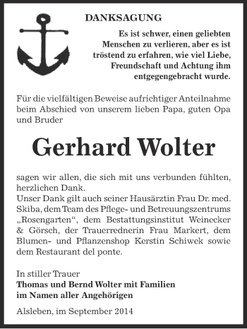 Traueranzeige von Gerhard Wolter von Super Sonntag Bernburg