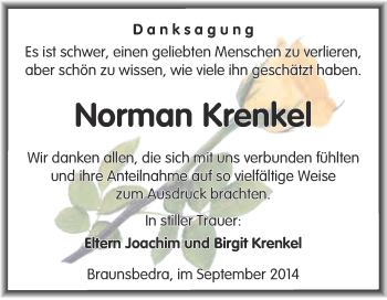 Traueranzeige von Norman Krenkel von WVG - Wochenspiegel Merseburg