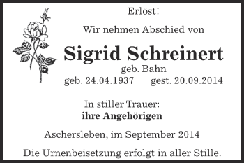 Traueranzeige von Sigrid Schreinert von Super Sonntag Aschersleben