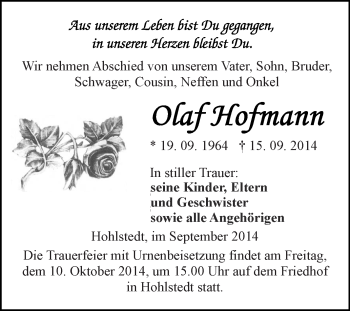 Traueranzeige von Olaf Hofmann von Super Sonntag SGH Mansf. Land