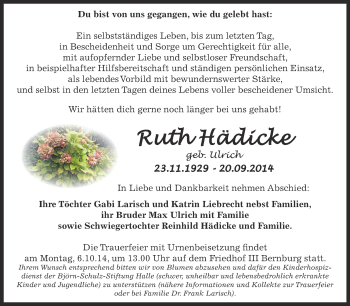 Traueranzeige von Ruth Hödicke von Super Sonntag Bernburg