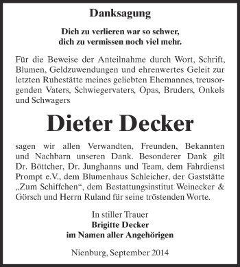Traueranzeige von Dieter Decker von Super Sonntag Bernburg