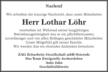 Traueranzeige von Lothar Löhr von Super Sonntag Aschersleben