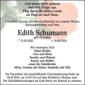 Traueranzeige von Edith Schumann von Super Sonntag Wittenberg