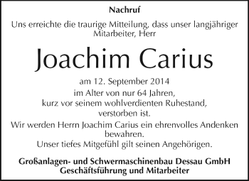 Traueranzeige von Joachim Carius von WVG - Wochenspiegel Dessau / Köthen