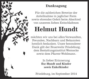 Traueranzeige von Helmut Hundt von Wochenspiegel Mansfelder Land